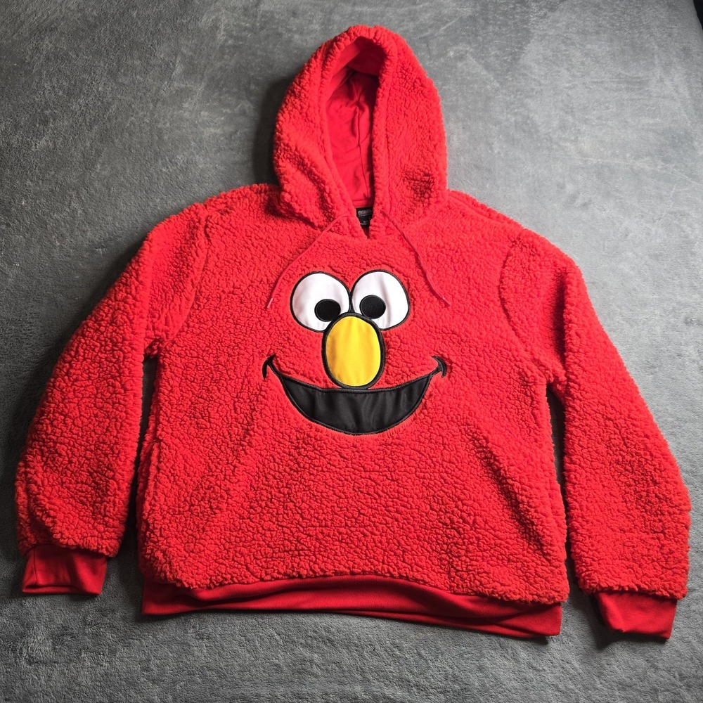 Sesame Street Elmo Fleece Hooded Sweater Womens Large Red Big Face Long Sleeve